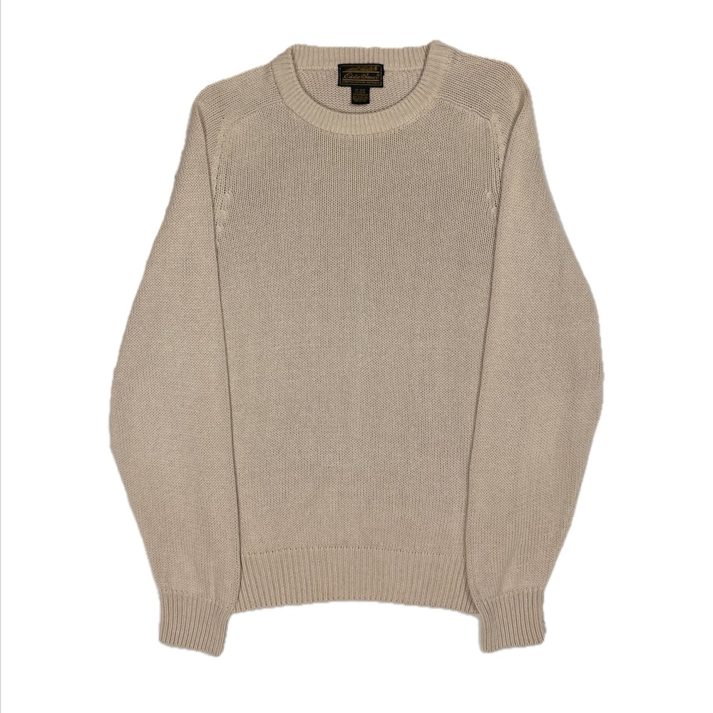 Vtg Eddie Bauer cotton cream shaker stitch knit fisherman sweater mens medium
